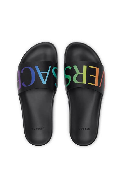 versace x pride slides|Versace rainbow dresses.